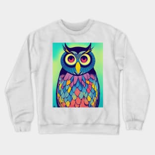 Colorful Owl Portrait Illustration - Bright Vibrant Colors Bohemian Style Feathers Psychedelic Bird Animal Rainbow Colored Art Crewneck Sweatshirt